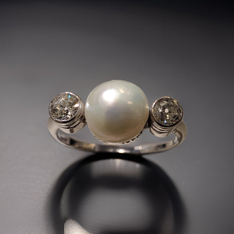 Antik Ring 14Kt Weißg. mit Perle & Diamanten